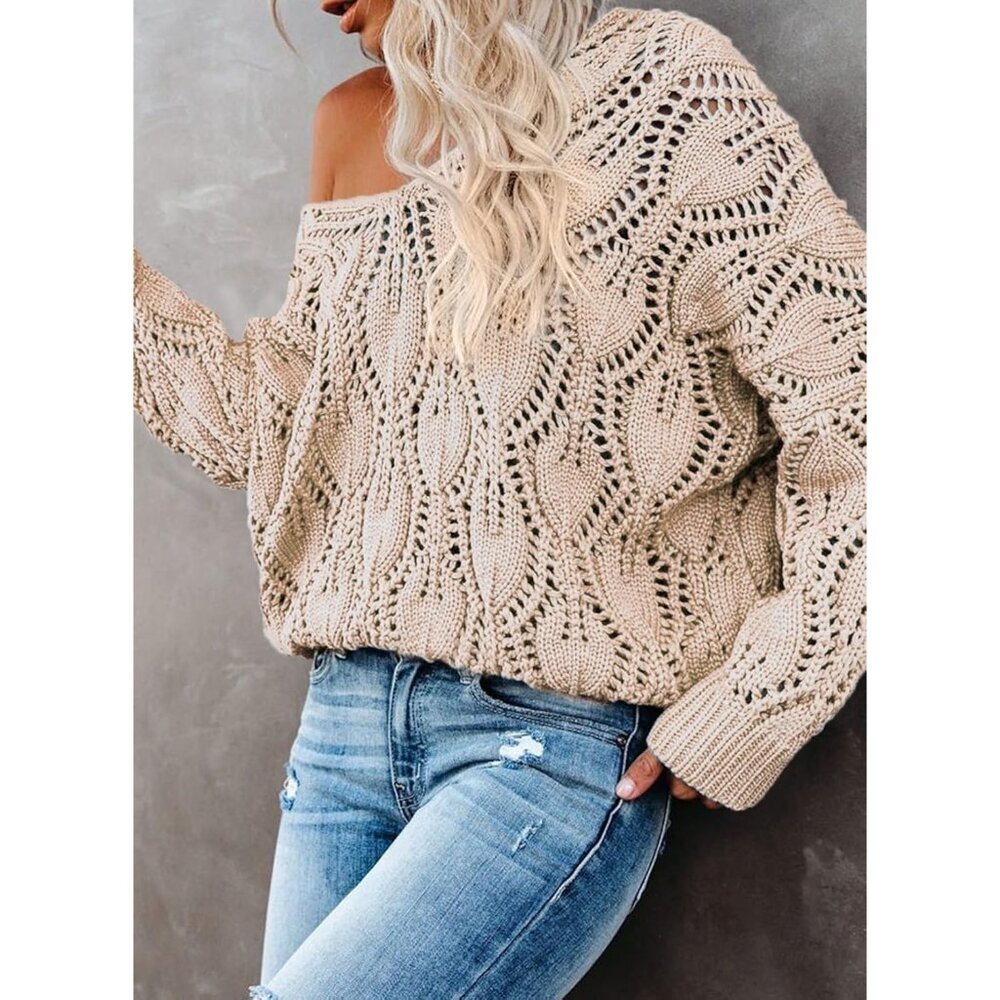 Women's Crochet V Neck Sweater Small Fall Winter Casual Pullover - Picture 3 of 5
